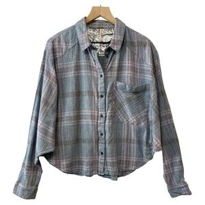Free People‎ Cutie Plaid Button Front Top Size L Cropped Blue Gray Pink Cotton